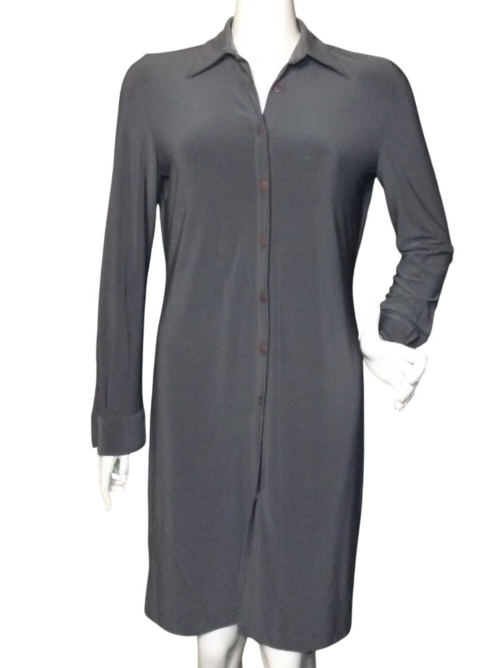 NORMA KAMALI Shirt Dress, M, Gray Poly, Long sleeves, Button front, Collared